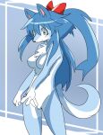 2019 accessory anthro blue_background blue_body blue_ears blue_eyes blue_fur blue_hair blush blush_lines bow_ribbon breasts canid canine canis cel_shading claws countershading digital_media_(artwork) domestic_dog eyelashes featureless_breasts female fluffy fluffy_chest fur geometric_background glistening glistening_hair gloves_(marking) hair hair_accessory hair_bow hair_ribbon hi_res inner_ear_fluff joeri_kunisaki long_ponytail mammal markings mouth_closed multicolored_body ponytail portrait red_bow ribbons shaded simple_background simple_shading smile solo standing tail_base_tuft thin_eyebrows three-quarter_portrait three-quarter_view tuft two_tone_body white_body white_countershading white_fur white_gloves_(marking) wolf
