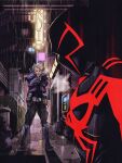  aiming aiming_at_another alley belt belt_pouch black_bodysuit black_pants blonde_hair bodysuit boots character_request colin_craker commentary cropped_jacket fire_escape from_side gun handgun highres jacket lips marvel marvel_2099 mask miguel_o'hara multicolored_bodysuit pants police police_badge pouch puddle purple_boots purple_jacket rain red_bodysuit skull_print spider-man spider-man_(2099) spider-man_(series) superhero_costume trash_bag trash_can two-tone_bodysuit utility_belt weapon 