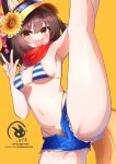  absurdres animal_ear_fluff animal_ears armpits artist_name bikini blue_archive breasts byte-artist colored_inner_animal_ears denim denim_shorts fang flexible flower fox_ears fox_girl fox_hair_ornament fox_tail hair_flower hair_ornament halo highleg highleg_bikini highres holding_own_leg izuna_(blue_archive) izuna_(swimsuit)_(blue_archive) leg_lift leg_up looking_at_viewer micro_shorts navel official_alternate_costume pom_pom_(clothes) pom_pom_hair_ornament red_scarf scarf shorts skin_fang smile split standing standing_on_one_leg standing_split stomach striped_bikini striped_clothes sunflower sunflower_hair_ornament swimsuit tail twitter_username v visor_cap 