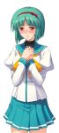  1girl blush bow cowboy_shot fuuki_iinchou_seira game_asset green_hair hairband hands_on_own_chest hourai_orihime ishigaki_takashi large_variant_set long_sleeves non-web_source official_art own_hands_together parted_lips pleated_skirt puffy_sleeves red_eyes red_hairband sailor_collar school_uniform self-datamine serafuku short_hair simple_background skirt solo standing tachi-e transparent_background variant_set yellow_bow 