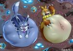 2026 abdominal_bulge ambiguous_gender artist_name belly belly_bed big_belly biped bipedal_feral blue_body blue_fur breath breathing_noises burping claws detailed_navel duo feral fidchellvore fuddler fur hand_on_belly huge_belly hyper hyper_belly lying navel nox_(pal) on_back open_mouth outside pal_(species) pal_sphere palworld panting pocketpair quadruped resting_on_belly rumbling_stomach semi-anthro sloshing_belly tail tan_body tan_fur text tongue tongue_out vore