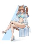 1girl almond_eye_(natsuzora_chirutime)_(umamusume) almond_eye_(umamusume) animal_ears aqua_bikini aqua_sandals bikini blush brown_hair commentary crossed_legs full_body highres horse_ears j450n777 legs looking_at_viewer official_alternate_costume open_mouth revision sandals smile solo swimsuit thighs toes twintails umamusume 