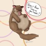 1:1 abstract_background belly belly_squish dialogue domestic_ferret duo endosoma feral hi_res karamelkobold licking male mammal mustelid musteline safe_vore speech_bubble squish tongue tongue_out true_musteline vore weasel