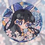 1girl alternate_color ascot blue_bow blue_eyes blue_flower blue_ribbon blue_shirt bow bright_pupils brown_hair cherry_blossoms chinese_commentary closed_mouth commentary_request commission detached_sleeves flower frilled_hair_tubes frills frown hair_bow hair_tubes hakurei_reimu long_hair long_sleeves looking_at_viewer pink_flower ribbon ribbon-trimmed_sleeves ribbon_trim shirt solo suelement touhou watermark watermark_grid wide_sleeves yellow_ascot 