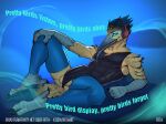 anthro avian balls beak bed bedroom bird black_latex blue_latex bodily_fluids brown_body bulge clothing drooling electronics english_text feathers furniture genitals hand_on_knee hand_on_leg headphones hi_res hypnosis latex latex_clothing latex_legwear latex_skinsuit latex_stockings legwear looking_at_viewer lying male mind_control muscular muscular_male music open_beak open_mouth peeking_balls rfta saliva scar skinsuit smile solo stockings tail text tight_clothing url
