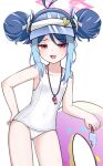  1girl :3 :d antenna_hair ass_visible_through_thighs blue_archive blue_hair blush collarbone commentary covered_navel cowboy_shot double-parted_bangs double_bun fang flat_chest food fubuki_(blue_archive) fubuki_(swimsuit)_(blue_archive) hair_between_eyes hair_bun halo hand_on_own_hip highres holding holding_food holding_popsicle looking_at_viewer multicolored_hair official_alternate_costume old_school_swimsuit one-piece_swimsuit popsicle red_eyes red_halo sari_(zakura27502762) school_swimsuit sidelocks simple_background skin_fang smile solo standing streaked_hair sweat swim_ring swimsuit thighs whistle whistle_around_neck white_background white_one-piece_swimsuit 
