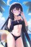  1girl absurdres adjusting_eyewear arichi bandeau beach bikini black_bikini black_hair black_robe blue_archive blue_sky braid braid_over_shoulder breasts butterfly_hair_ornament cleavage_cutout clothing_cutout cloud collarbone commentary_request cover cover_page cowboy_shot day diamond_cutout doujin_cover eyes_visible_through_eyewear grey_halo hair_ornament halo highres holding holding_swim_ring innertube jacket kisaki_(blue_archive) kisaki_(swimsuit)_(blue_archive) long_hair looking_at_viewer navel ocean official_alternate_costume official_alternate_hairstyle outdoors palm_leaf parted_lips purple-tinted_eyewear revision ring_of_light_(blue_archive) robe robe_partially_removed side_braid sky small_breasts solo stomach sunglasses swim_ring swimsuit textless_cover_page tinted_eyewear tree very_long_hair 