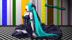  animal aqua_hair artist_request black_dress black_outfit chains collar dress female flower garter garter_belt gothic gothic_lolita hatsune_miku highres jewelry lolita_fashion long_hair necklace rose solo thigh-highs thighhighs tied_hair twintails vocaloid 