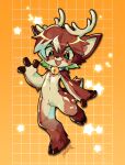 3_fingers anthro antlers bangs bell bell_collar bent_leg black_nose brown_body brown_fur brown_hair chest_tuft chibi collar colored crotch_tuft cute_fangs deer digital_drawing_(artwork) digital_media_(artwork) fangs featureless_crotch fingers fur green_eyes hair happy hi_res hooved_fingers hooves horn male mammal markings masvino multicolored_body multicolored_fur navel nude on_one_leg open_mouth open_smile pattern_background shaded short_tail simple_background smile solo spots standing tail teeth tuft white_spots
