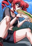  1girl absurdres black_shoes black_shorts black_sports_bra blue_background blue_sky choker cloud commentary constricted_pupils day drill_hair duendezoid eating english_commentary feet_out_of_frame food gloom_(expression) grass hair_between_eyes highres kasane_teto long_bangs multiple_girls open_mouth outdoors red_choker red_eyes red_hair sandwich shoes short_hair shorts sky sneakers solo sports_bra submarine_sandwich twin_drills utau 