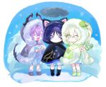  1girl 2boys :< animal_ear_hood asymmetrical_sidelocks black_boots black_cloak black_hood black_horns black_tail bloomers blue_sky blunt_ends blush boots border bright_pupils chibi chibi_only choppy_bangs cloak closed_eyes closed_mouth cloud cloudy_sky colored_eyelashes colored_tips cross-shaped_pupils crossed_bangs dragon_boy dragon_horns dragon_tail dress durin_(genshin_impact) eyelashes eyeliner facial_mark facing_another fang forehead_mark full_body fur-trimmed_hood fur-trimmed_shoes fur_trim genshin_impact gold_trim green_hair green_hood green_shoes grey_hood grey_shoes hair_between_eyes hair_intakes hair_ornament heart_ornament highres holding honbmqqmwy36077 hood hood_up hooded_cloak horns leaf leaf_hair_ornament long_hair looking_at_viewer makeup multicolored_hair multiple_boys nahida_(genshin_impact) official_alternate_costume one_eye_closed open_mouth outdoors purple_eyes purple_hair purple_horns rain red_eyeliner rubber_boots scaramouche_(cat)_(genshin_impact) scaramouche_(genshin_impact) shoes side_ponytail sidelocks skin_fang sky smile snow_cat snowflakes standing streaked_hair symbol-shaped_pupils tail tareme tsurime two-sided_horns v wanderer_(genshin_impact) white_bloomers white_border white_dress white_hair white_pupils 