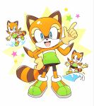  1girl animal_ears blue_eyes brown_fur brown_gloves brown_shoes furry furry_female gloves green_shoes highres looking_at_viewer marine_the_raccoon miisa_shion multicolored_shoes multiple_views open_mouth raccoon_ears raccoon_girl raccoon_tail shoes sonic_(series) star_(symbol) tail two-tone_fur two-tone_shoes 