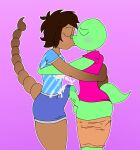 absurd_res anthro arachnid arthropod blue_clothing blue_shirt blue_topwear blush bodily_fluids bottomwear brown_body brown_hair claws clothing duo eyes_closed eyewear frottage genital_fluids glasses green_body green_scales hair hi_res khaki_shorts khakis making_out male male/male orgasm_from_kissing penile penises_touching pink_clothing pink_shirt pink_topwear precum reptile scales scalie scorpion sex shirt shorts side_view sierra_(spicysierra) snake snap_(susser) spicyredacted stinger stinger_tail tail topwear