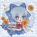  1girl :d argyle_background blue_background blue_bow blue_dress blue_eyes blue_hair bow bowtie cirno collared_shirt doily dress flower hair_bow holding holding_flower looking_at_viewer open_mouth petals puffy_short_sleeves puffy_sleeves red_bow red_bowtie sample_watermark shirt short_hair short_sleeves smile solo suelement sunflower touhou watermark white_shirt yellow_flower 