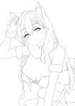  1girl absurdres all_fours animal_ear_fluff animal_ears arm_up bare_shoulders blue_archive breasts claw_pose clip_studio_paint_(medium) closed_mouth commentary_request cosplay cross cross_hair_ornament elbow_gloves extra_ears fate/grand_order fate_(series) frown fur-trimmed_gloves fur-trimmed_legwear fur-trimmed_thighhighs fur_bikini fur_bra fur_collar fur_trim gloves hair_behind_ear hair_ornament halloween_costume highres inverted_cross karaage_nyotaimori lace-trimmed_thighhighs lace_trim large_breasts leaning_forward lineart long_hair looking_at_viewer making-of_available mash_kyrielight mash_kyrielight_(dangerous_beast) mash_kyrielight_(dangerous_beast)_(cosplay) monochrome navel o-ring o-ring_top revealing_clothes shiroko_terror_(blue_archive) simple_background solo thighhighs very_long_hair white_background wolf_ears wolf_girl 