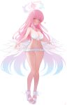  1girl absurdres alternate_breast_size_(larger) angel_wings aqua_hair bikini blue_archive blush breasts commentary_request feathered_wings frilled_bikini frills full_body gradient_hair halo highres large_breasts long_hair looking_at_viewer low_wings machin4719 mika_(blue_archive) mika_(swimsuit)_(blue_archive) multicolored_hair navel official_alternate_costume official_alternate_hairstyle open_mouth pink_hair pink_halo sandals simple_background smile solo stomach swimsuit very_long_hair white_background white_bikini white_wings wing_ornament wings yellow_eyes 