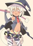  1girl :3 animal_ears black_gloves black_pantyhose black_skirt black_vest breasts brown_background commentary_request dark-skinned_female dark_skin elbow_gloves gloves halloween_costume hat highres holding holding_staff inubashiri_momiji kuro-ekaki navel necktie pantyhose partially_fingerless_gloves red_eyes red_necktie short_hair simple_background skirt small_breasts smile solo staff tail tongue tongue_out touhou vest white_hair witch_hat wolf_ears wolf_girl wolf_tail 