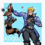  2boys animal_ears annoyed blue_coat claws closed_eyes coat commentary cooream furry furry_male gloves guardians_of_the_galaxy hand_on_own_chest heart highres holding_hands looking_at_another male_focus marvel marvel_rivals multiple_boys pairing_name pawpads peter_quill raccoon_boy raccoon_ears raccoon_tail red_gloves rocket_raccoon smile sparkle squiggle star-lord star_(symbol) tail 