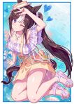  1girl animal_ears armpits bare_shoulders blush boater_hat breasts brown_hair cleavage closed_mouth collarbone hat heart highres hokko_tarumae_(pastel_marine_locadol)_(umamusume) hokko_tarumae_(umamusume) horse_ears horse_girl horse_tail jewelry kan_lee long_hair looking_at_viewer medium_breasts multicolored_hair necklace official_alternate_costume official_alternate_hairstyle one_eye_closed overall_skirt overalls purple_eyes purple_scrunchie sandals scrunchie side_ponytail smile solo striped_hair suspenders suspenders_slip swimsuit tail tilted_headwear umamusume w yellow_hat yellow_overalls 