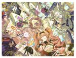  4girls ahoge angelina_(arknights) angelina_the_mellow_wish_(arknights) animal_ear_fluff animal_ears arknights black_collar black_gloves black_hairband black_skirt blonde_hair border brown_hair capelet circle_formation closed_eyes collar commentary_request detached_sleeves dress english_text facing_viewer fox_ears fox_girl gloves hair_between_eyes hairband happy heart highres infection_monitor_(arknights) jacinta_(arknights) jiuyuan_(nemolink) long_hair long_sleeves lying multiple_girls on_back pink_gloves pink_hair pink_shirt rabbit_ears rabbit_girl raccoon_ears raccoon_girl shirt skirt smile star_(symbol) thumpy_(arknights) timeslot_(arknights) twintails upper_body white_border white_capelet white_dress 