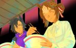  2girls :t air_shakur_(casual)_(umamusume) air_shakur_(umamusume) animal_ears black_hair bow bowl bowtie brown_hair chopsticks closed_eyes closed_mouth commentary eating english_commentary fine_motion_(casual)_(umamusume) fine_motion_(umamusume) food galanthuuus hair_bun highres holding holding_chopsticks hood hood_down hoodie horse_ears horse_girl looking_at_another looking_to_the_side multiple_girls noodles noren purple_hoodie ramen shirt short_hair single_hair_bun smile umamusume upper_body white_bow white_bowtie white_shirt yellow_eyes 