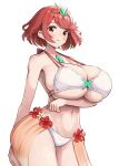  1girl alternate_costume arm_under_breasts bikini blush bob_cut breasts chest_jewel closed_mouth commentary_request core_crystal_(xenoblade) cowboy_shot earrings gem gonzarez green_gem highres huge_breasts jewelry looking_at_viewer navel pyra_(xenoblade) red_eyes red_hair short_hair simple_background solo strap_gap swimsuit tiara white_background white_bikini xenoblade_chronicles_(series) xenoblade_chronicles_2 