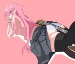  1girl absurdres black_thighhighs blue_eyes bocchi_the_rock! electric_guitar gibson_les_paul gotoh_hitori guitar hair_between_eyes highres instrument jacket long_hair panties pink_background pink_hair pink_jacket pleated_skirt school_uniform shimokitazawa_high_school_uniform skirt solo striped_clothes striped_panties thighhighs totsuka_saika_(totsukasaika59) underwear 
