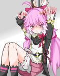  1girl :/ absurdres ahoge arms_behind_head arms_up black_shirt black_socks bloomers blush bound bound_arms detached_sleeves encore_(wuthering_waves) feet_out_of_frame grey_background grey_shirt hair_between_eyes hair_bobbles hair_ornament highres horns huge_ahoge knees_up long_hair looking_at_viewer low_twintails pink_hair pink_skirt pleated_skirt purple_eyes red_horns sari_(zakura27502762) shirt sidelocks simple_background skirt socks solo sweat symbol-shaped_pupils twintails very_long_hair wuthering_waves 