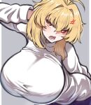  1girl alternate_breast_size_(larger) anger_vein angry arcueid_brunestud arm_behind_back black_pantyhose blonde_hair blush breast_focus breasts colored_sclera commentary cropped crossed_legs english_commentary fang foreshortening grey_background hair_between_eyes hair_intakes hand_in_own_hair hanging_breasts heterochromia huge_breasts leaning_forward long_skirt looking_at_viewer mystic_eyes_of_enchantment open_mouth pantyhose purple_skirt red_arcueid red_eyes red_sclera short_hair side_slit sidelocks skirt solo sweater tsukihime tsukihime_(remake) turtleneck turtleneck_sweater vampire vinsycal white_sweater yellow_eyes 
