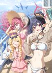  3girls absurdres bikini black_hair black_horns black_wings blue_archive blue_halo braid breasts chiaki_(blue_archive) chiaki_(swimsuit)_(blue_archive) cleavage closed_mouth collared_tunic commentary_request cowboy_shot dress grey_shrug hair_bun halo hat highres horns ibuki_(blue_archive) ibuki_(swimsuit)_(blue_archive) iroha_(blue_archive) iroha_(swimsuit)_(blue_archive) jewelry long_hair messy_hair multiple_girls navel ocean on_ship one-piece_swimsuit open_mouth pendant pointy_ears red_dress red_eyes red_hair red_halo red_one-piece_swimsuit selfie shrug_(clothing) simoumi_217 sky solo_focus stomach sun_hat swimsuit twin_braids v white_bikini wings yellow_halo 