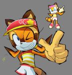  1girl animal_ears blue_eyes brown_fur brown_gloves furry furry_female gloves grey_background grin highres marine_the_raccoon official_alternate_costume one_eye_closed raccoon_ears raccoon_girl raccoon_tail reference_inset rocketrrush shirt short_shorts shorts sleeveless sleeveless_shirt smile sonic_(series) sonic_speed_simulator striped_clothes striped_shirt tail two-tone_shirt white_shirt white_shorts yellow_shirt 