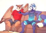 2026 absurd_res ailurid anthro askeladd avian bent_legs bird black_talons blue_bottomwear blue_clothing blue_shorts blue_stripes bottomwear brown_body brown_feathers brown_sofa clothed clothed_anthro clothed_male clothing digital_drawing_(artwork) digital_media_(artwork) duo edward_masuki english_description eurasian_eagle-owl feathered_wings feathers feet fully_clothed fully_clothed_anthro fully_clothed_male furniture hair hi_res horned_owl kai_shitsumon long_tail male male/male male_anthro mammal markings on_sofa owl plumicorns red_clothing red_panda red_shirt red_topwear shirt shorts simple_background sitting sitting_on_sofa smile smiling_at_another sofa striped_markings striped_tail stripes tail tail_markings talons toes topwear true_owl white_background white_hair wings