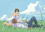  bare_shoulders barefoot bottle breasts brown_hair cleavage cloud clouds couple detective_conan dress feet grass grey_eyes hattori_heiji holding knee_up long_hair lying meitantei_conan open_clothes open_shirt outdoors outside overshirt pants ponytail pouring prank raised_hand ribbon shirt short_hair signature sitting sky smile tan tanned toes tomizawa_k. touyama_kazuha water water_bottle white_dress 