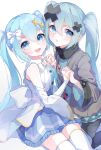  2girls absurdres aqua_eyes aqua_hair aqua_skirt asymmetrical_legwear batsu_miku blush bow coat commentary_request dress dual_persona grey_coat hair_between_eyes hair_bow hair_ornament hatsune_miku high_collar highres hiramado_miku ketyara kowareta_sekai_to_utaenai_miku long_hair long_sleeves looking_at_viewer multiple_girls official_alternate_costume official_alternate_hairstyle open_mouth parted_lips pleated_skirt project_sekai simple_background skirt sleeveless sleeveless_dress smile spoilers thighhighs twintails very_long_hair vocaloid white_background white_thighhighs x_hair_ornament 