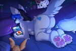 all_fours anthro appliei bed blue_eyes butt cheek_tuft colored dawn_(ask_derpy_cat1) digital_drawing_(artwork) digital_media_(artwork) domestic_cat facial_tuft felid feline felis female female_anthro fur furniture hair hi_res holding_object inside long_hair mammal multicolored_hair nude nude_anthro nude_female on_bed pawpads pink_pawpads plushie shaded solo tail tuft two_tone_hair white_body white_fur