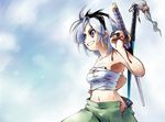  black_hairband blue_eyes day grin hairband katana konpaku_youmu midriff nanaroku_(fortress76) navel open_clothes open_skirt ribbon sarashi short_hair silver_hair skirt sky smile solo sword touhou weapon 