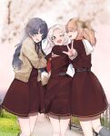  3girls :d ;d absurdres blonde_hair blue_eyes blue_hair blush braid brown_dress cherry_blossoms closed_eyes commentary day dress fang flower gradient_hair hair_flower hair_ornament half_up_braid half_updo hasu_no_sanrenka hasu_no_sora_school_uniform highres hinoshita_kaho hug hug_from_side ishikawa_prefecture kanazawa_(city) long_sleeves looking_at_viewer love_live! love_live!_hasu_no_sora_jogakuin_school_idol_club medium_hair multicolored_hair multiple_girls murano_sayaka neckerchief one_eye_closed open_mouth orange_hair osawa_rurino outdoors photo_background pink_flower profile rabbit_hair_ornament recycle_(uchi_mlk) red_neckerchief sailor_collar sailor_dress school_uniform short_dress smile teeth twintails two_side_up untranslatable_commentary upper_teeth_only utatsuyama_park virtual_youtuber w white_sailor_collar winter_uniform 