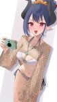  1girl absurdres bikini blue_archive blue_hair breasts brown_shirt camera chiaki_(blue_archive) chiaki_(swimsuit)_(blue_archive) cleavage commentary cropped_shirt demon_girl demon_horns fishnet_top fishnets hair_bun hair_ornament hair_scrunchie highres holding holding_camera horns long_sleeves medium_breasts nya_(xduy2738) official_alternate_costume official_alternate_hairstyle orange_scrunchie pointy_ears red_eyes scrunchie shirt solo swimsuit white_bikini 