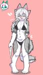 4_ears bikini bikini_bottom bikini_top canid canine canis clothed clothing female fur grey_body grey_fur hair hi_res knife long_hair mammal multi_ear multicolored_body multicolored_fur smile swimwear tail two-piece_swimsuit white_body white_fur wolf zhenxian