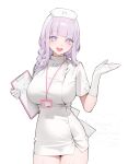  1girl azur_lane blue_hair blush braid breasts clipboard commentary dress eyelashes flower flower-shaped_pupils garter_straps gloves hair_flower hair_ornament hat heart heart_in_eye heart_print highres holding holding_clipboard id_card lanyard large_breasts long_hair looking_at_viewer multicolored_hair nurse_cap official_artist_extra ohisashiburi open_mouth pink_eyes pink_hair plymouth_(an_angelic_physical)_(azur_lane) plymouth_(azur_lane) ribbon safety_pin short_sleeves simple_background smile solo streaked_hair symbol-shaped_pupils symbol_in_eye thighs white_background white_dress white_garter_straps white_gloves white_hat white_ribbon winged_hat 