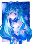  1girl absurdres aqua_eyes aqua_hair blue_jacket blush braid braided_hair_rings breasts closed_mouth commentary_request crop_top earrings fingernails hair_rings hatsune_miku heart heart_earrings highres jacket jewelry long_hair magical_mirai_(vocaloid) magical_mirai_miku magical_mirai_miku_(2025) medium_breasts official_alternate_costume official_alternate_hairstyle open_clothes open_jacket sakunana shirt single_earring sleeveless sleeveless_shirt smile solo star_(symbol) stomach twintails upper_body very_long_hair vocaloid 