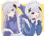  !? 2girls :d ;d absurdres apron arm_up blue_eyes blue_jacket border cevio commentary_request double_v enmaided grid_background hair_ornament hair_over_one_eye hands_up highres jacket jersey_maid kafu_(cevio) kamitsubaki_studio long_hair looking_at_viewer maid maid_headdress multiple_girls notice_lines one_eye_closed outside_border purple_jacket saka_(sa_ka) sekai_(cevio) smile twintails unconventional_maid upper_body v waist_apron white_border yellow_background 