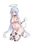  1girl absurdres alternate_costume animal_print bell bikini blue_archive blush breasts cleavage collar commentary_request cow_print cow_print_bikini cow_print_gloves cow_print_thighhighs cow_tail elbow_gloves fake_tail gloves halo headgear highleg highleg_bikini highres korean_commentary large_breasts long_hair looking_at_viewer mechanical_halo nacho_(nacho_1103) navel neck_bell noa_(blue_archive) print_bikini print_gloves print_thighhighs purple_eyes seiza side-tie_bikini_bottom simple_background sitting smile solo stomach swimsuit tail thighhighs thighs very_long_hair white_background white_hair white_halo 
