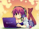  cleavage exit_tunes headphones kiba_satoshi laptop wink 