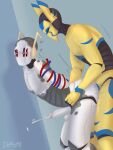 3:4 absurd_res angry angry_sex balls blue_marks bodily_fluids bound cum darkness_of_lore_(darkeng) duo eka578 fan_character flustered from_behind_position genital_fluids genitals hi_res humanoid humanoid_genitalia humanoid_penis iterator_(rain_world) machine male male/male orgasm penis rain_world robot robot_humanoid sex superlative_thoughts_(kratzor) videocult white_body wire yellow_body