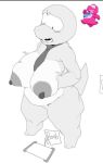 accessory anthro areola big_breasts biped breast_squish breasts crossgender dinosaur female fingers gameoverse genitals glitch_productions gobbles_(gameoverse) hand_on_breast high-angle_view looking_down meckmeck00124 mostly_nude mtf_crossgender necktie necktie_only nipples non-mammal_breasts non-mammal_nipples open_mouth overweight overweight_anthro overweight_female prehistoric_species reptile scalie simple_background solo squish standing tablet tail teeth text thick_thighs tongue vulva