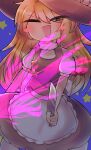  1girl absurdres blonde_hair blood blue_background blush_stickers bow braid brown_hat brown_skirt brown_vest colored_blood commentary_request cookie_(touhou) cowboy_shot hair_bow harukuru0620 hat highres holding holding_knife kirisame_marisa knife long_hair looking_at_viewer one_eye_closed open_mouth pink_blood puffy_short_sleeves puffy_sleeves shirt short_sleeves side_braid simple_background single_braid skirt smile solo star_(symbol) suzu_(cookie) touhou turtleneck turtleneck_shirt unusually_open_eyes vest white_eyes white_shirt witch_hat 