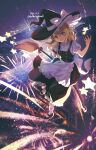 1girl :d aerial_fireworks apron black_hat black_shoes black_skirt black_vest blonde_hair bow braid broom broom_riding commentary_request fireworks frilled_skirt frills full_body hair_bow hat hat_bow highres kirisame_marisa long_hair mary_janes mini-hakkero oito_(bowstringsmall) open_mouth puffy_short_sleeves puffy_sleeves red_bow red_eyes shoes short_sleeves side_braid single_braid skirt smile socks solo star_(symbol) touhou twitter_username vest waist_apron white_apron white_bow white_socks witch_hat 