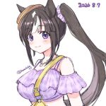  1girl animal_ears blush boater_hat breasts brown_hair closed_mouth ears_through_headwear hat highres hokko_tarumae_(pastel_marine_locadol)_(umamusume) hokko_tarumae_(umamusume) horse_ears horse_girl jewelry large_breasts long_hair looking_at_viewer matsui_haru multicolored_hair necklace official_alternate_costume official_alternate_hairstyle overalls purple_eyes purple_scrunchie scrunchie side_ponytail simple_background smile solo striped_hair swimsuit tilted_headwear umamusume upper_body white_background yellow_hat yellow_overalls 