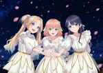  3girls 6th_live_dream_~bloom_garden_party~ :d blonde_hair blue_eyes blue_hair collarbone commentary_request criss-cross_halter curtained_hair dress falling_petals fang flower_stand_art frilled_dress frills gradient_hair half_updo halter_dress halterneck highres hikari_no_naka_de_hana_saite hinoshita_kaho huddle long_hair love_live! love_live!_hasu_no_sora_jogakuin_school_idol_club love_live!_hasu_no_sora_jogakuin_school_idol_club_bloom_garden_party medium_hair mole mole_on_neck multicolored_hair multiple_girls murano_sayaka night open_mouth orange_hair osawa_rurino outdoors parted_bangs petals pink_petals roku_aya_fuyu single_bare_shoulder single_off_shoulder sky smile star_(sky) starry_sky two_side_up white_dress 